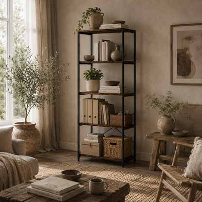 Ravitti Metal And Wood Rustic Brown And Black 5 Tier Industrial Bookcase
