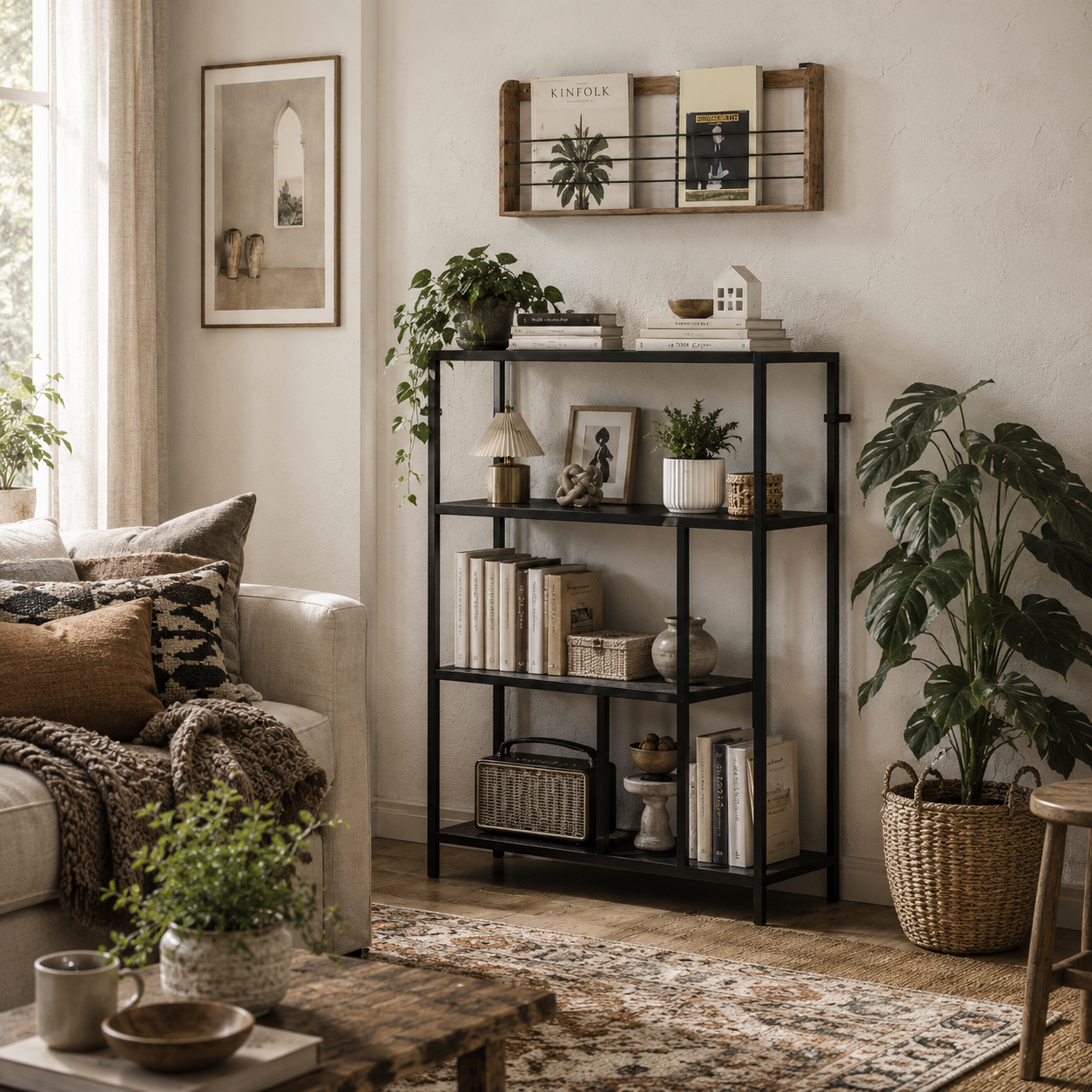 Risudo Wood Charcoal Grey 4 Tier Bookcase With OFauxn Shelving