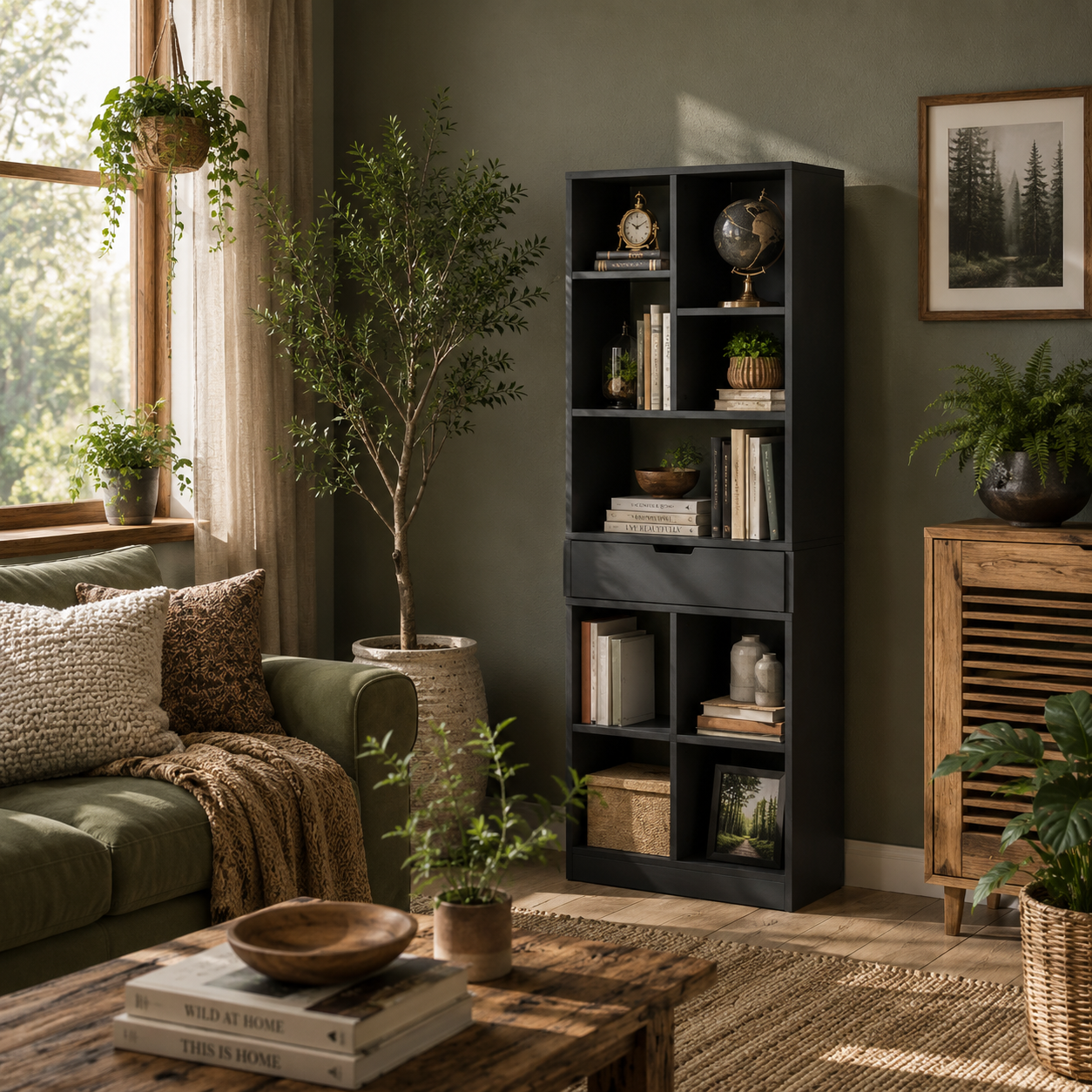 Farama Metal And Wood Black Tall Freestanding Bookcase With Drawer Storage