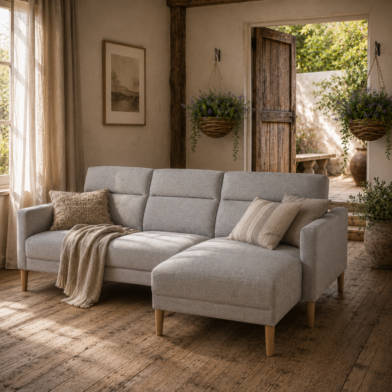Nosove Linen Light Grey Corner Sofa Bed Set With Footstool And Rubberwood Legs