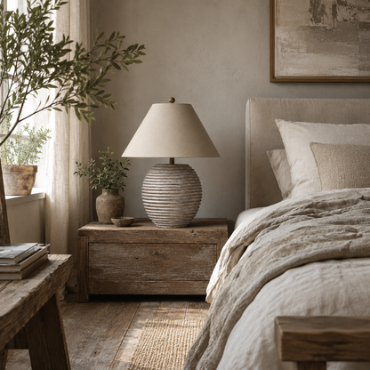 Montesori Earthy Ribbed Handmade Table Lamp With Cream Linen Shade