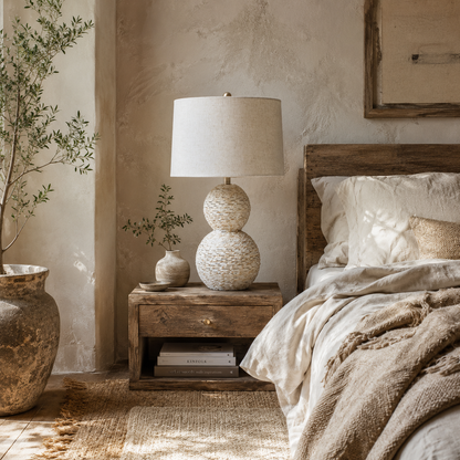 Loubressac White Wash Wicker Double Gourd Table Lamp With Cream Linen Shade