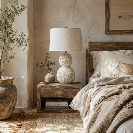 Loubressac White Wash Wicker Double Gourd Table Lamp With Cream Linen Shade
