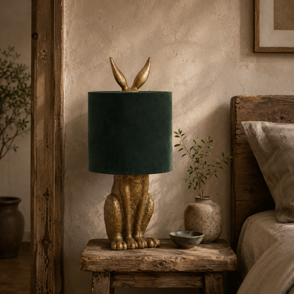 Belves Antique Gold Hare Table Lamp With Green Velvet Shade