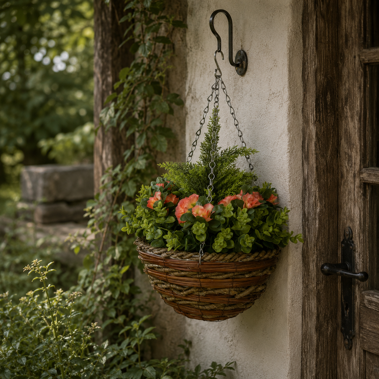 Conivi Set Of 2 Artificial Lisianthus Hanging Flower Pots In Orange And Green