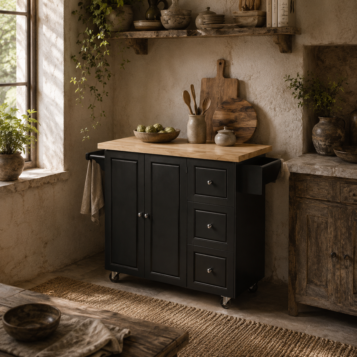 Rolelo Wooden Black Rolling Kitchen Island With Drop Leaf Drawer Towel And Spice Racks