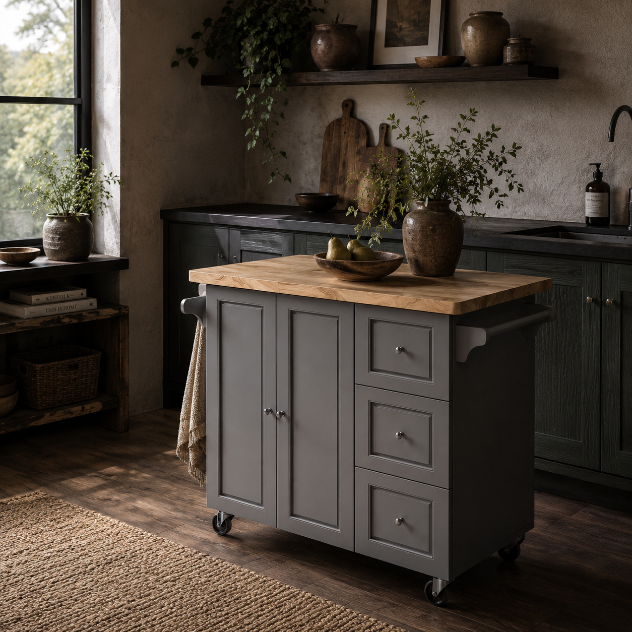 Norado Grey and Natural Wooden Rolling Kitchen Island With Drop Leaf Drawer Towel And Spice Racks