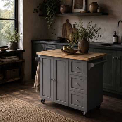 Norado Grey and Natural Wooden Rolling Kitchen Island With Drop Leaf Drawer Towel And Spice Racks