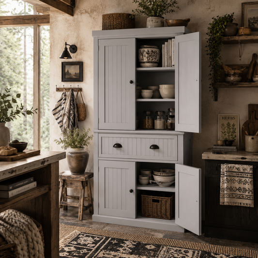 Somoel 183cm Wooden Grey Mid Century Panelled Storage Kitchen Cabinet Pantry