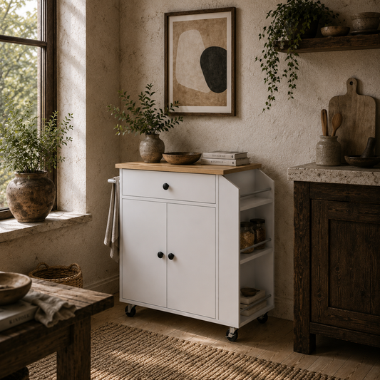 Semi Wooden White Rolling Kitchen Island With Drawer 3 Tier Spice Rack And Towel Rail