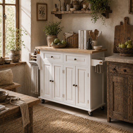 Vivali Rubberwood And Wooden Cream White Rolling Kitchen Island With Drawers And Storage