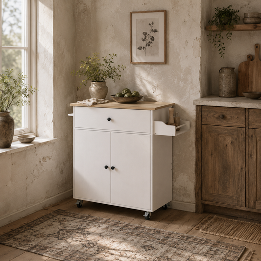 Seto Wooden White Rolling Kitchen Island With Drop Leaf Drawer Spice Rack And Towel Rail