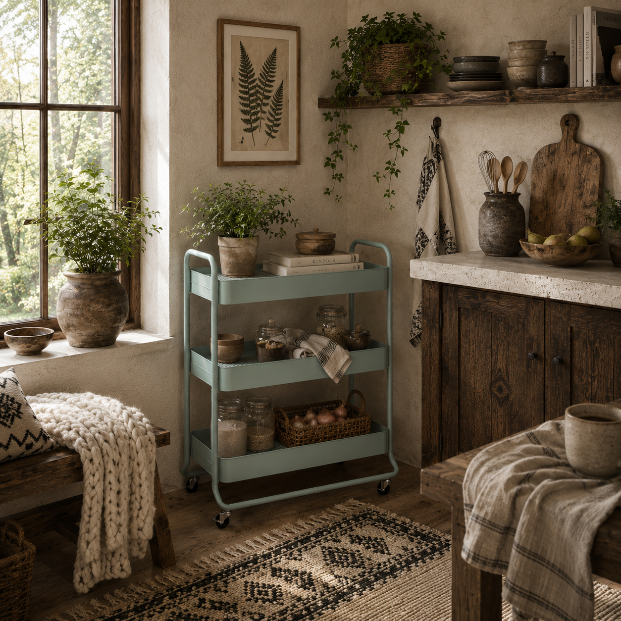 Nokeyo Metal Light Green 3 Tier Rolling Utility Trolley With Mesh Baskets