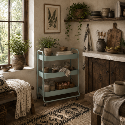 Nokeyo Metal Light Green 3 Tier Rolling Utility Trolley With Mesh Baskets