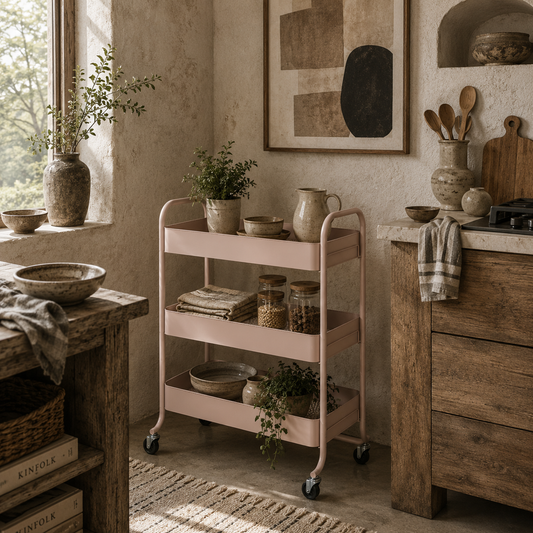 Noluli Doha Metal Light Pink 3 Tier Rolling Utility Trolley With Mesh Baskets