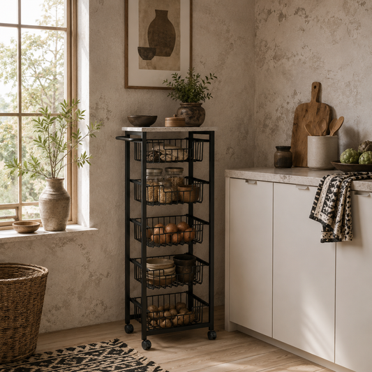 Sucora Metal Grey And Black 5 Basket Mobile Kitchen Trolley With Locking Wheels