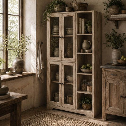 Mole Pantry Wooden Grey Wood Effect Kitchen Storage Cabinet With Glass Doors