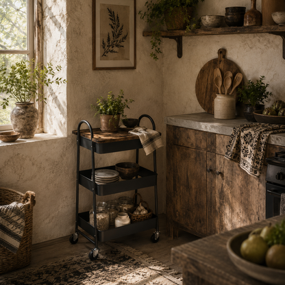 Rottola Wooden Rustic Brown And Black 3 Tier Kitchen Trolley With Covered Top