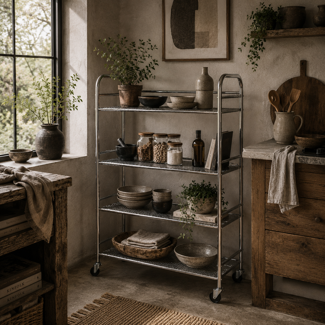 Lalu Stainless Steel Silver 4 Tier Kitchen Trolley With Adjustable Shelves