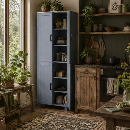 Parare 171cm Wooden Grey Wood Effect 4 Door Freestanding Kitchen Pantry Cabinet