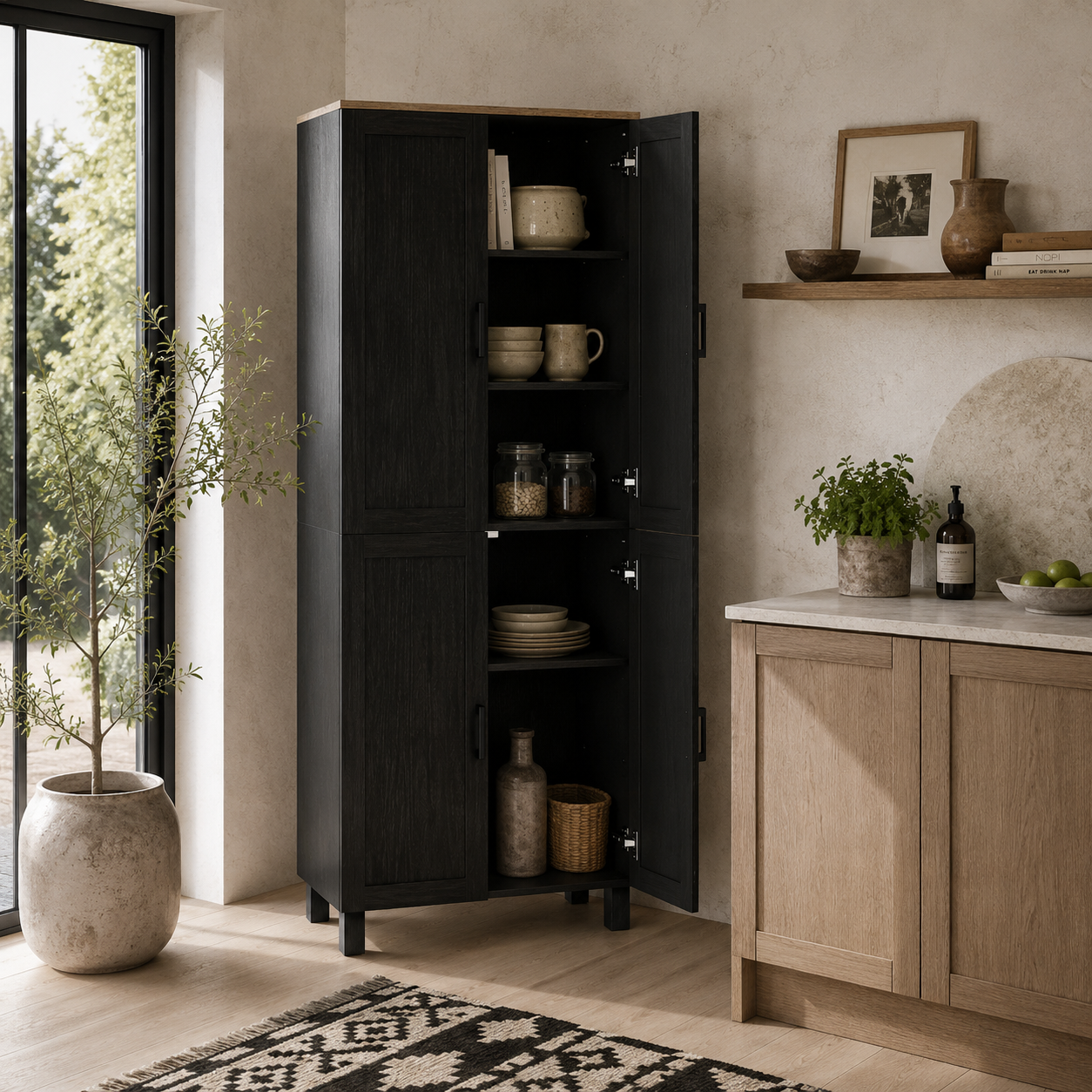 Parare 171cm Wooden Black 4 Door Freestanding Kitchen Pantry Cabinet