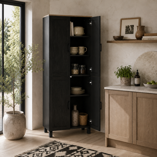 Parare 171cm Wooden Black 4 Door Freestanding Kitchen Pantry Cabinet
