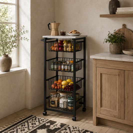 Fimado Metal Grey And Black 4 Basket Mobile Kitchen Trolley With Locking Wheels