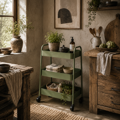 Leroco Metal Green 3 Tier Storage Trolley With Wheels