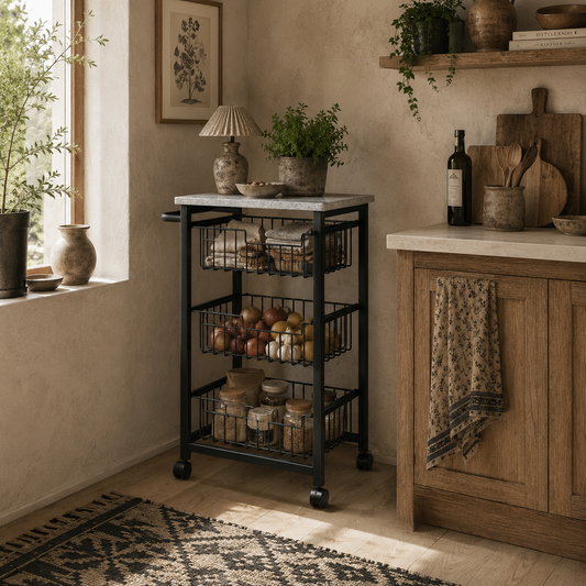 Firo Metal Grey And Black 3 Basket Mobile Kitchen Trolley With Locking Wheels