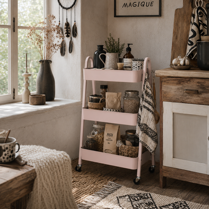 Subase Metal Pink 3 Tier Storage Trolley With Wheels