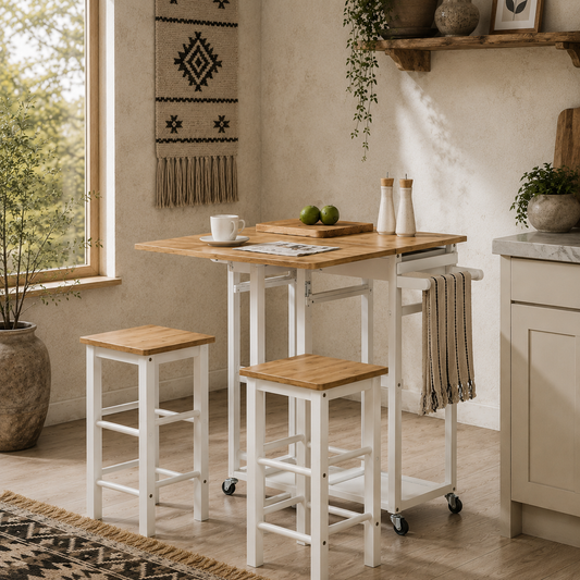 Elvami Vafa Wooden White Kitchen Island Set With 2 Stools Drop Leaf Top Drawers And Towel Rack
