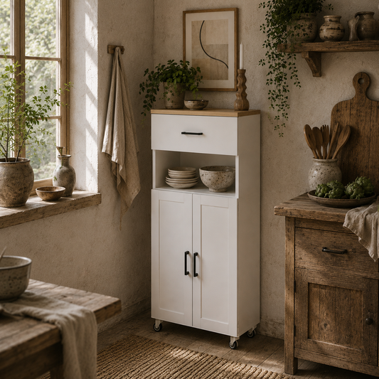 Yoelna 130cm Wooden White Nordic Kitchen Cabinet 1 Drawer 2 Doors And Open Counter