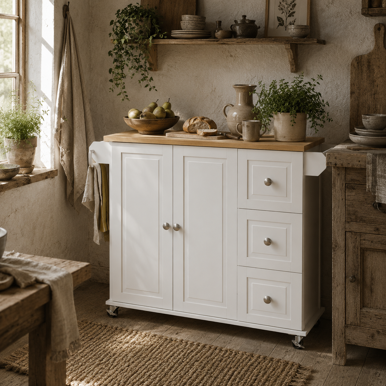 Cosoco Noli Wooden White Rolling Kitchen Island With Drop Leaf Drawers Spice Rack And Towel Rail