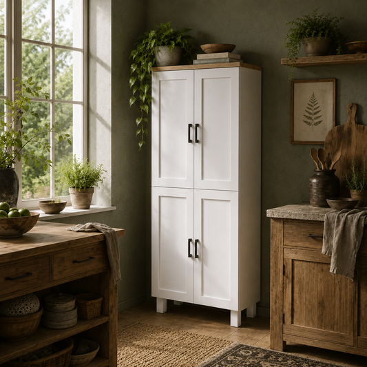 Ludo 171cm Wooden White 4 Door Freestanding Kitchen Pantry Cabinet