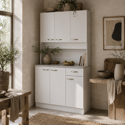 Tovesu Wooden White Large Kitchen Cupboard With 6 Doors 1 Drawer 5 Shelves And Countertop