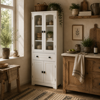 Cotase 160cm Wooden White Kitchen Cupboard With Adjustable Shelves Drawer And Glass Door
