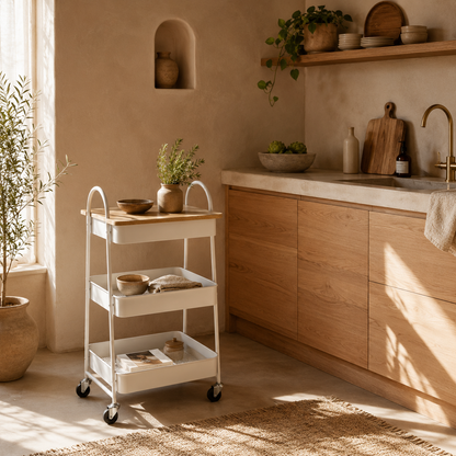Satoro Wooden White And Oak 3 Tier Kitchen Trolley With Covered Top