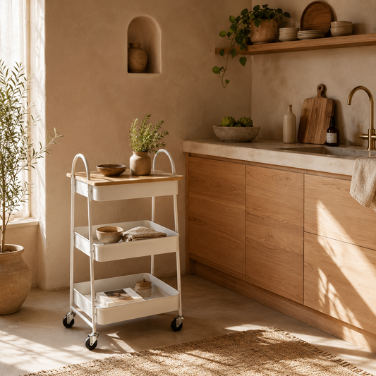 Satoro Wooden White And Oak 3 Tier Kitchen Trolley With Covered Top