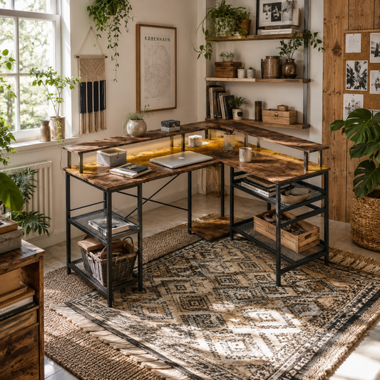 Mosovi Brown L Shaped Desk With Built In LED Lighting And Shelves