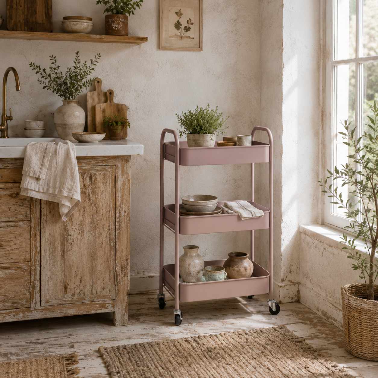 Razira Metal Pink 3 Tier Steel Storage Trolley