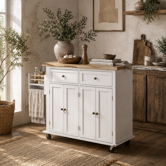 Viratto Natural and White Wooden Rolling Kitchen Island With Drawers And Storage