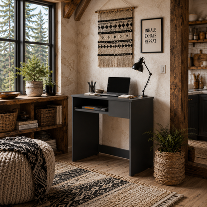 Rami 80cm Grey Compact Study Desk With Keyboard Tray And Drawer Storage