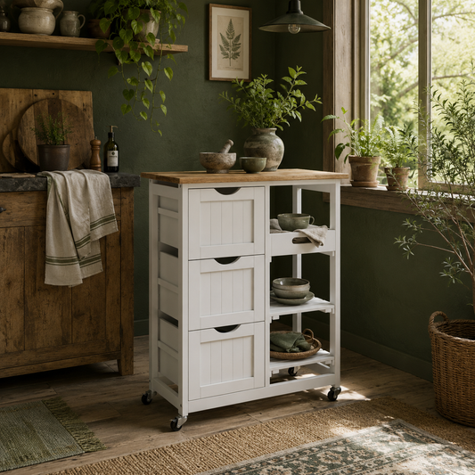 Lonoronno Wooden White Compact Rolling Kitchen Island With Natural 3 Shelves 3 Drawers