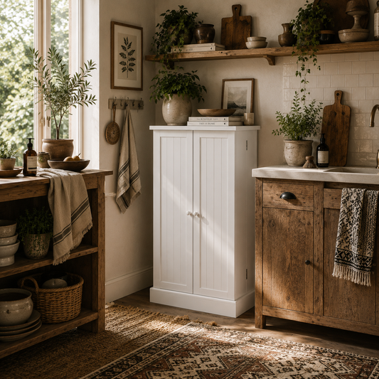 Kanese Wooden White 6 Tier Kitchen Pantry Cabinet With Slatted Door Racks