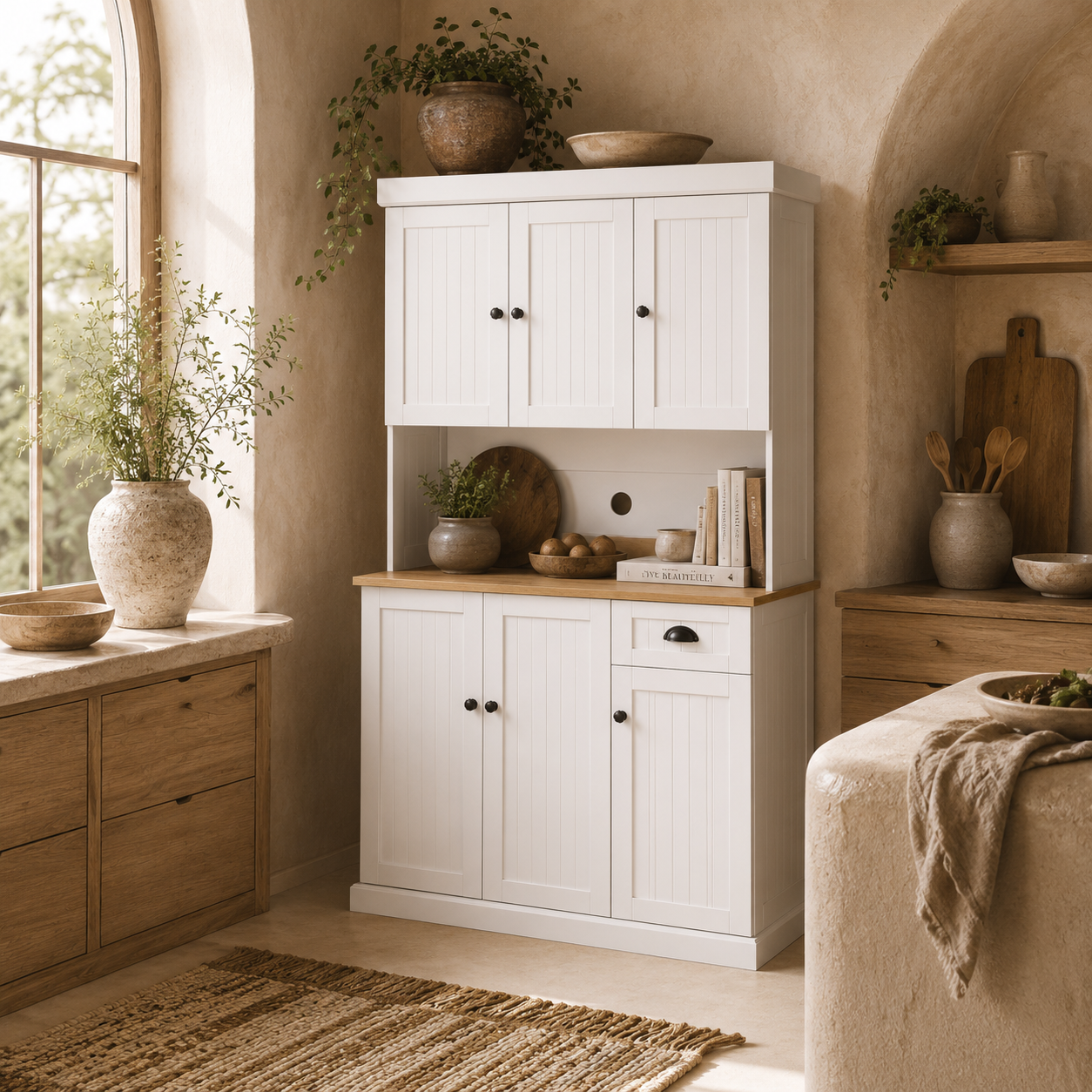 Moviel 180cm Tall Wooden White Kitchen Storage Cabinet With Open Counter Drawers And 6 Doors