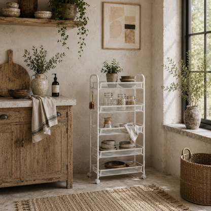 Visovi Metal White 5 Basket Steel Storage Trolley With Wheels