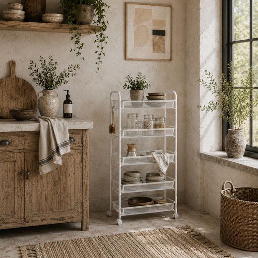 Visovi Metal White 5 Basket Steel Storage Trolley With Wheels