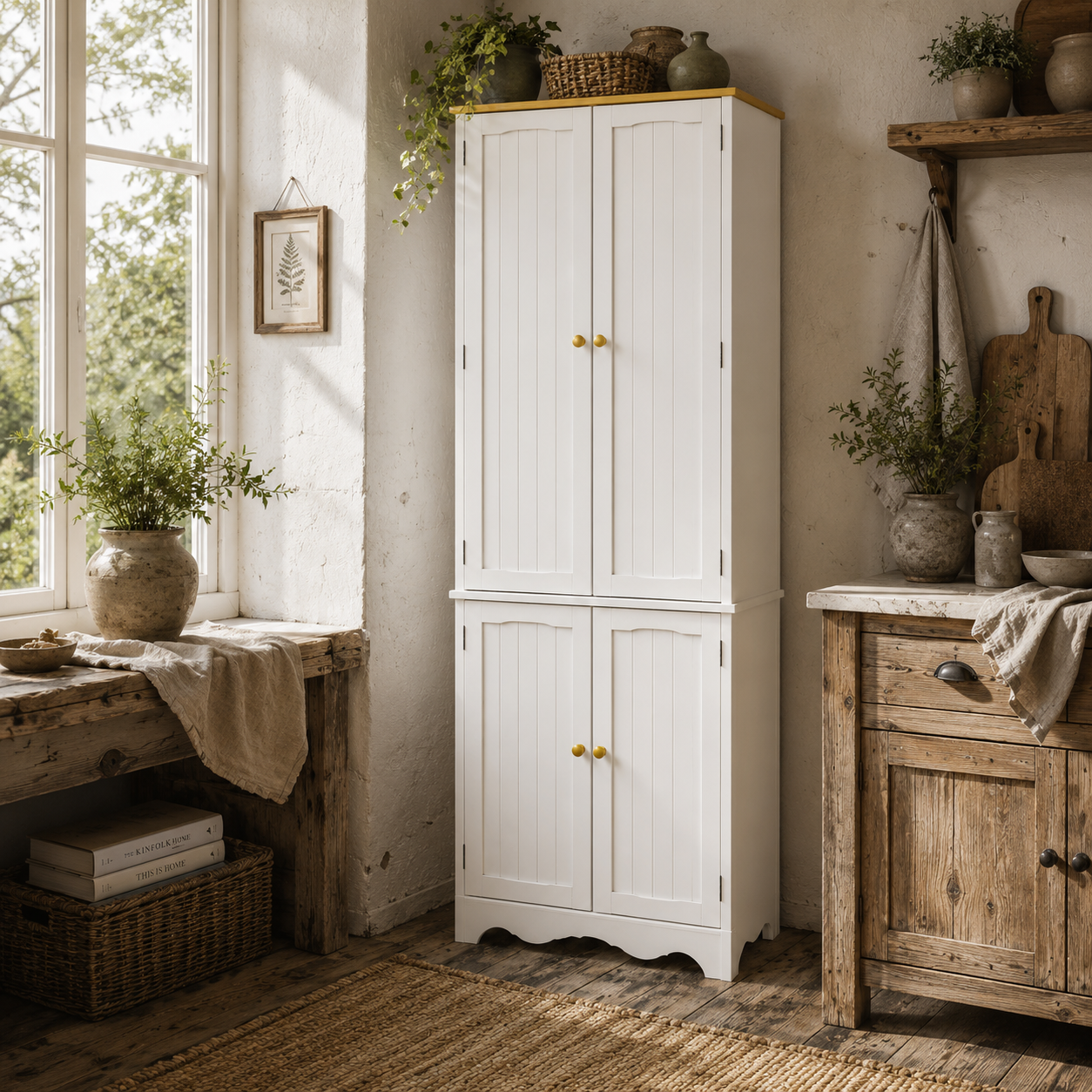 Banodo 183cm Wooden White 4 Door Freestanding Kitchen Cabinet 4 Shelves