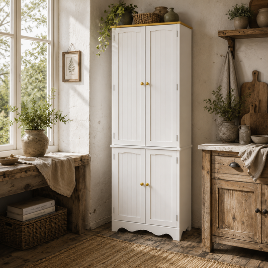 Banodo 183cm Wooden White 4 Door Freestanding Kitchen Cabinet 4 Shelves