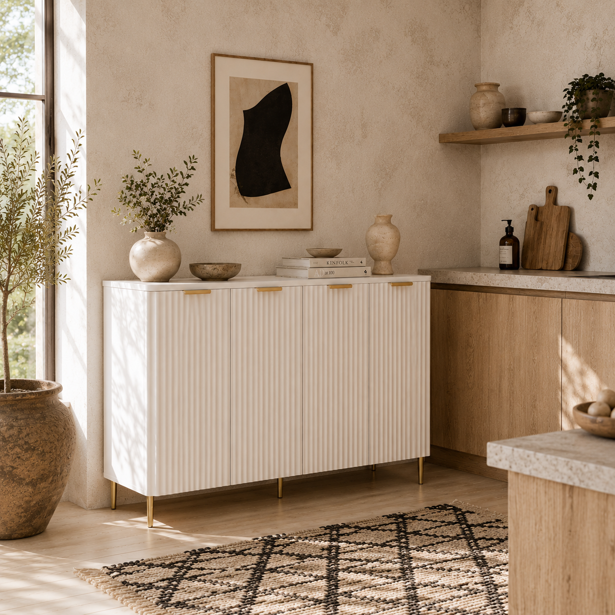Vinotti Wooden White 4 Door Sideboard 4 Doors 2 Shelves